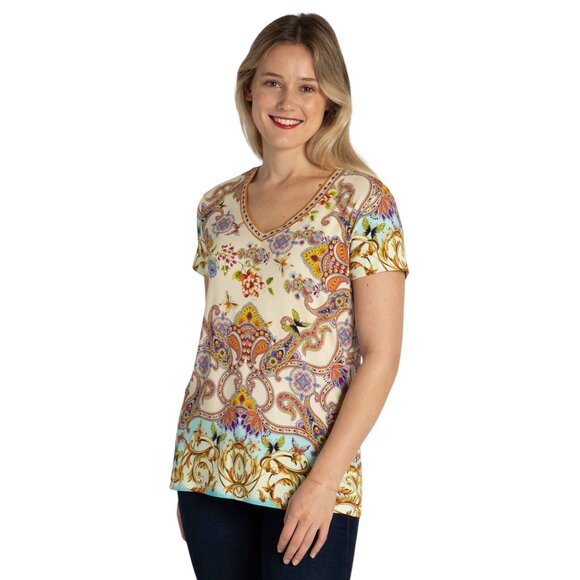 Johnny Was Janie Favorite Scroll Tee Short Sleeve V Neck Shirt White Gold Top NW - Picture 4 of 10